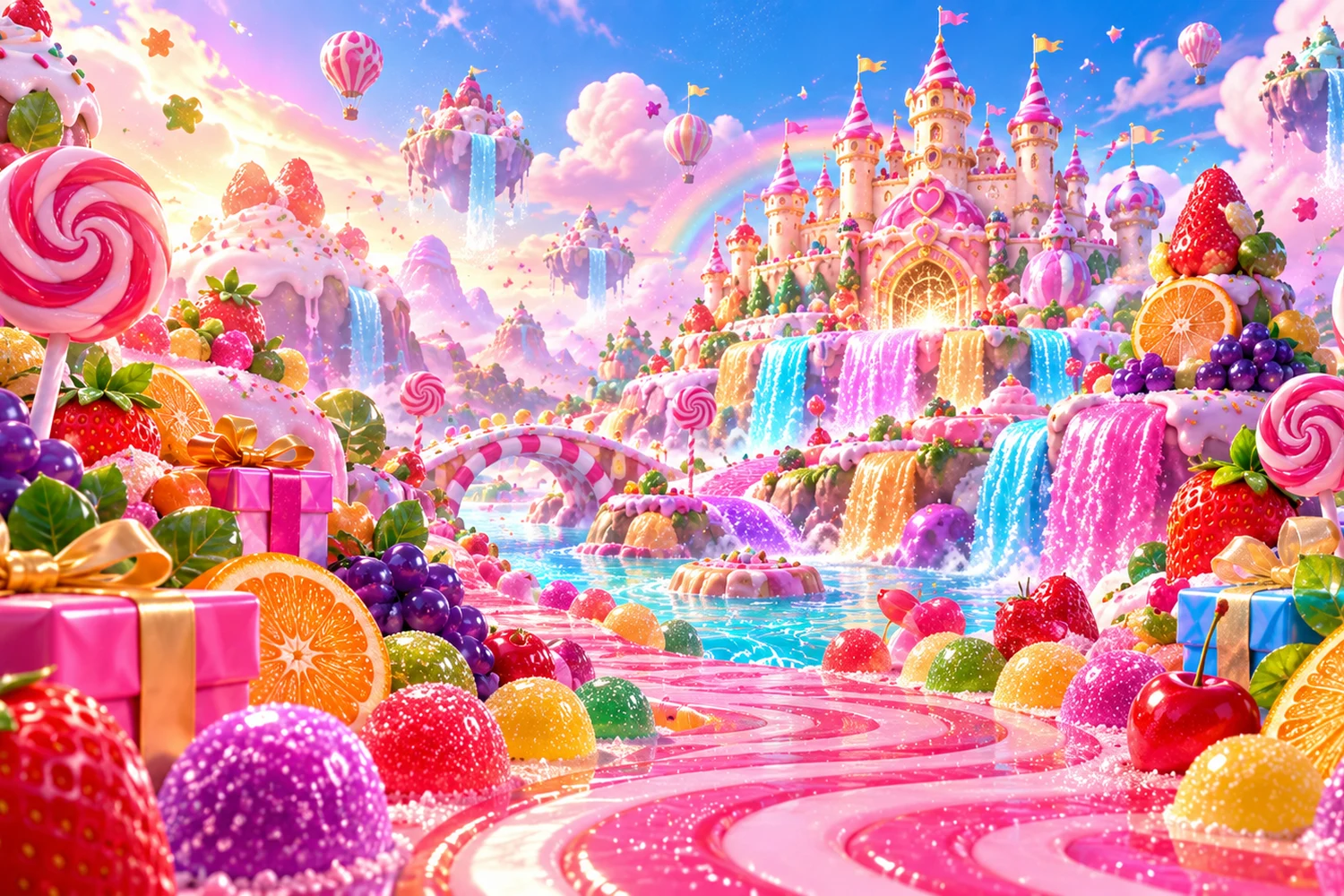 An illustrated candy kingdom filled with glossy sweets and juicy fruit