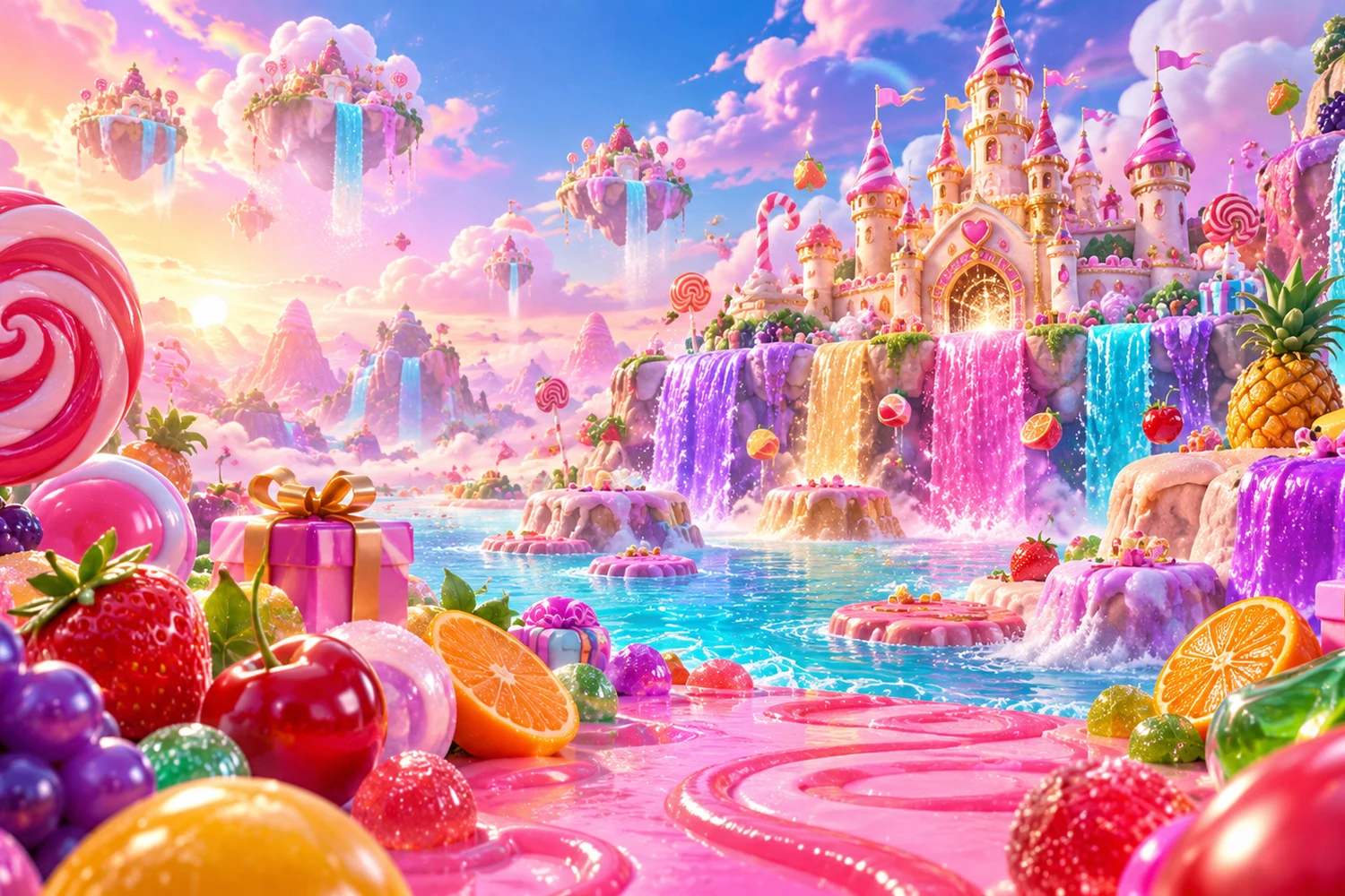 A bright confectionery landscape with fruit, gifts and sugar colours