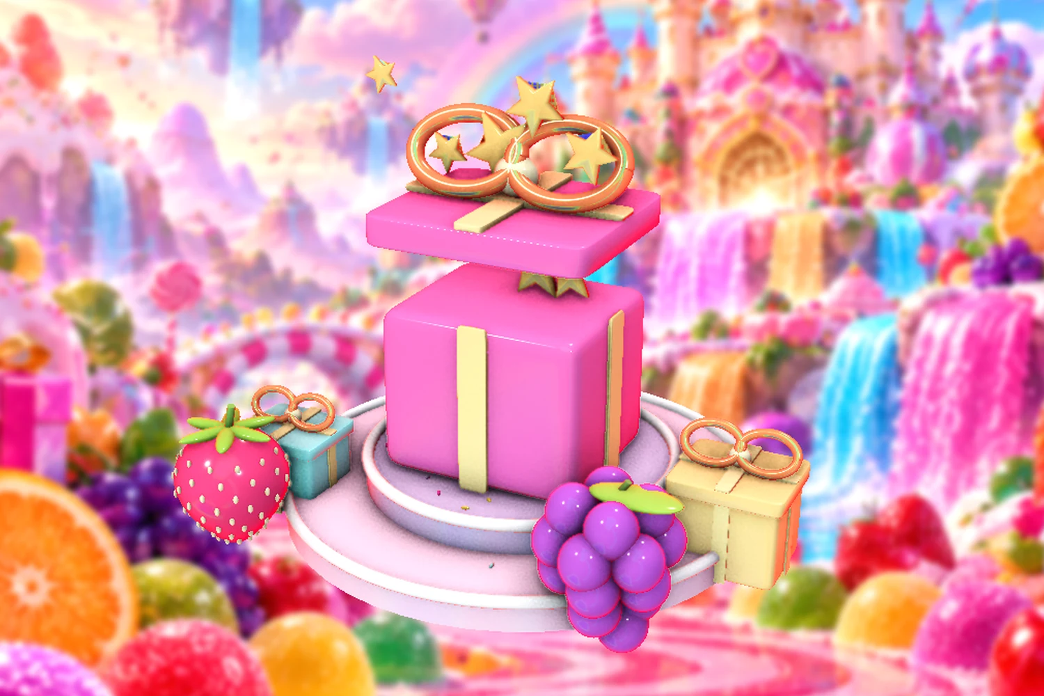 A dimensional candy celebration with wrapped presents and stars