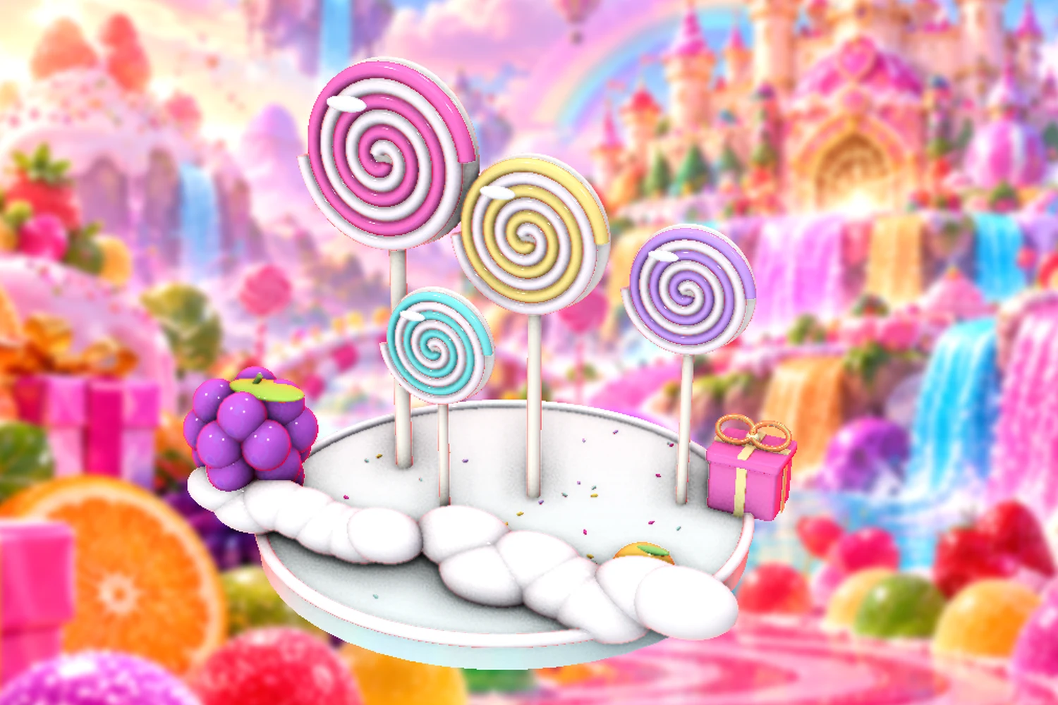 Lollipops and soft blue scenery for a game of single jumps.