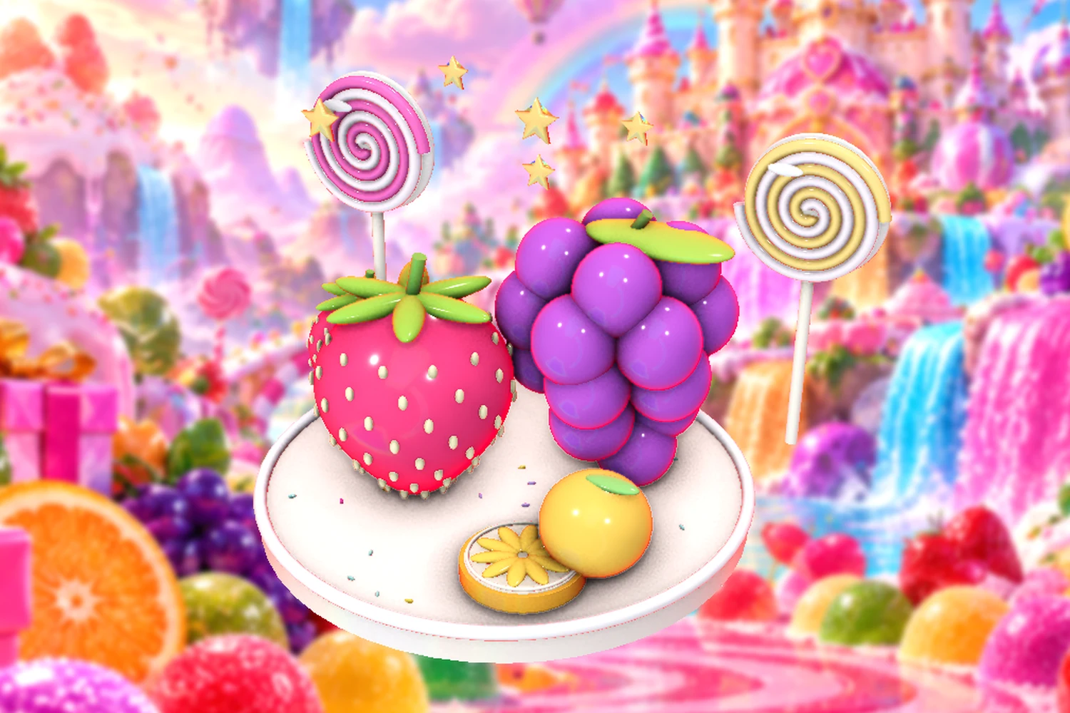 A colourful arrangement of berry sweets and shiny fruit