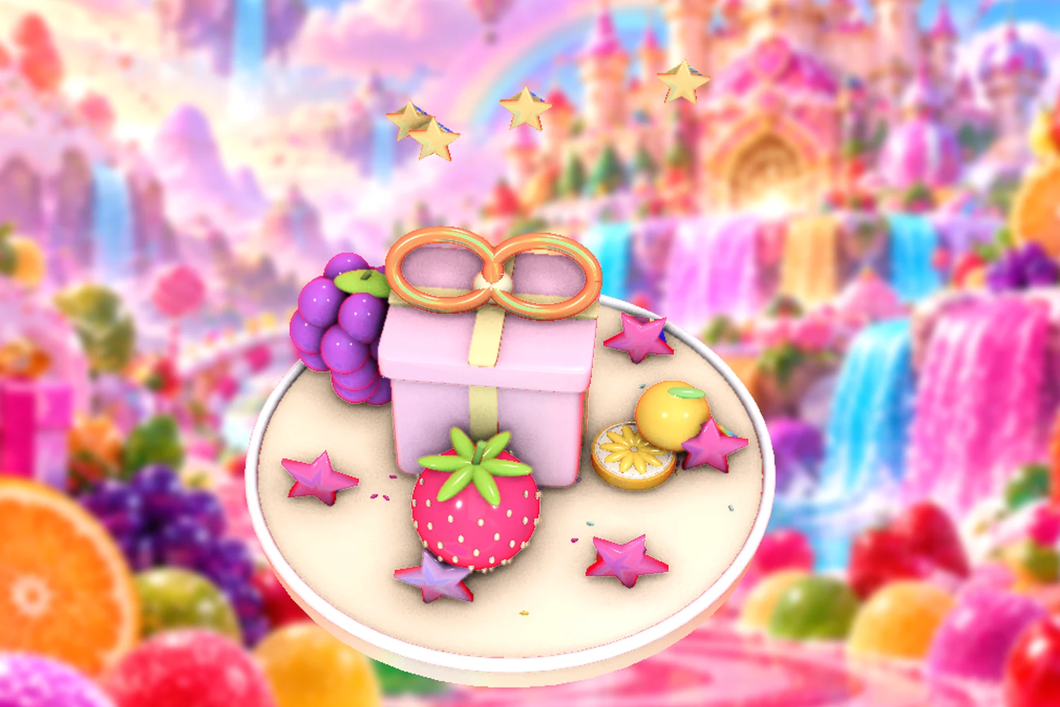 Fruit, bonbons and golden stars around a celebration display